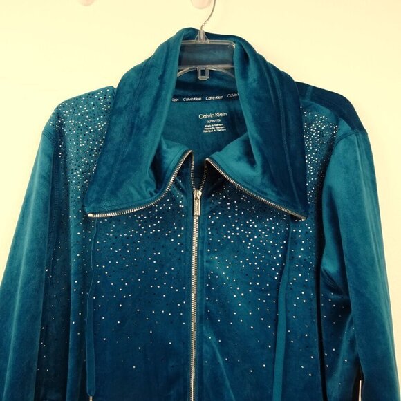 Calvin Klein Velour Zip Up Jacket Women's Plus Size 1X Green Embellished - Picture 3 of 9